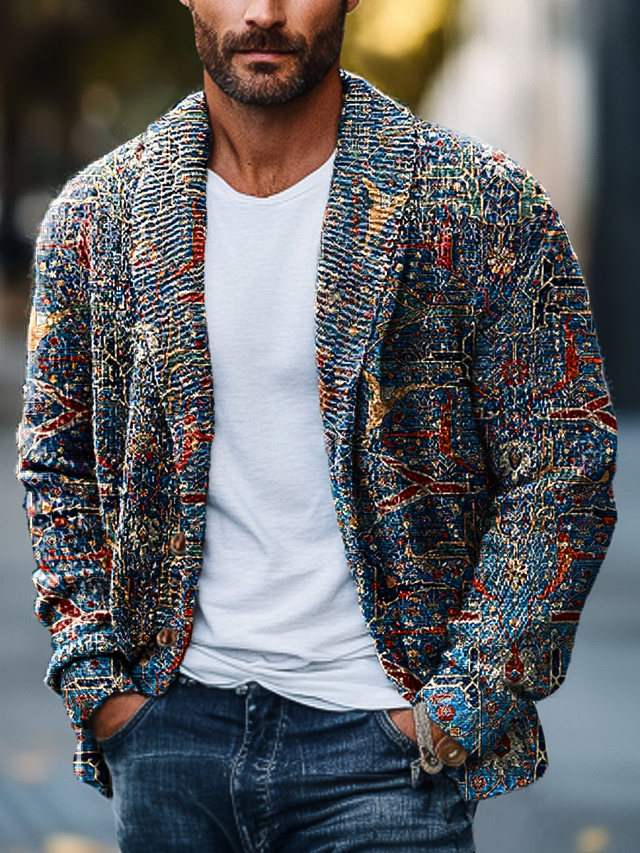 Cavalheiro Vintage étnica Floral Art impressão lapela bolso malha Cardigan