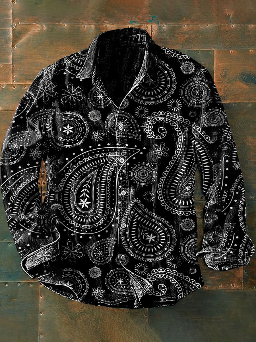 Arte Floral do punk hippie do vintage masculino imprime camisa de manga comprida casual