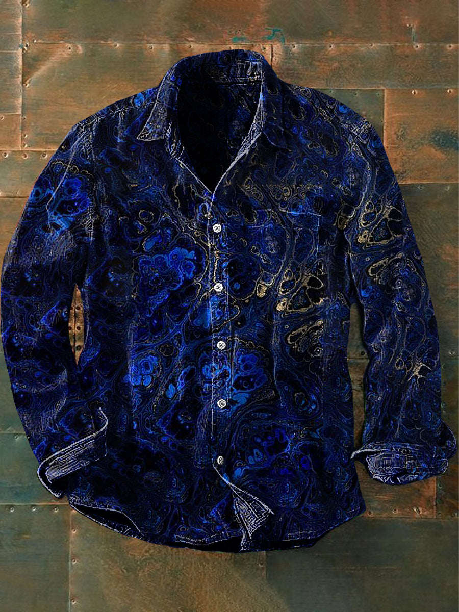 Unisex masculino Vintage Lapis Lazuli ouro texturizado abstração impressão Casual camisa de manga longa