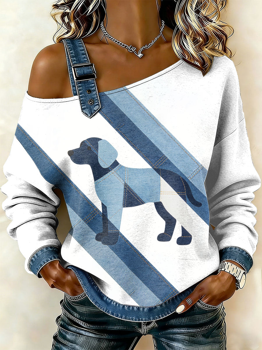 Patchwork do cão Vintage impressão Casual Off-ombro moletom feminino
