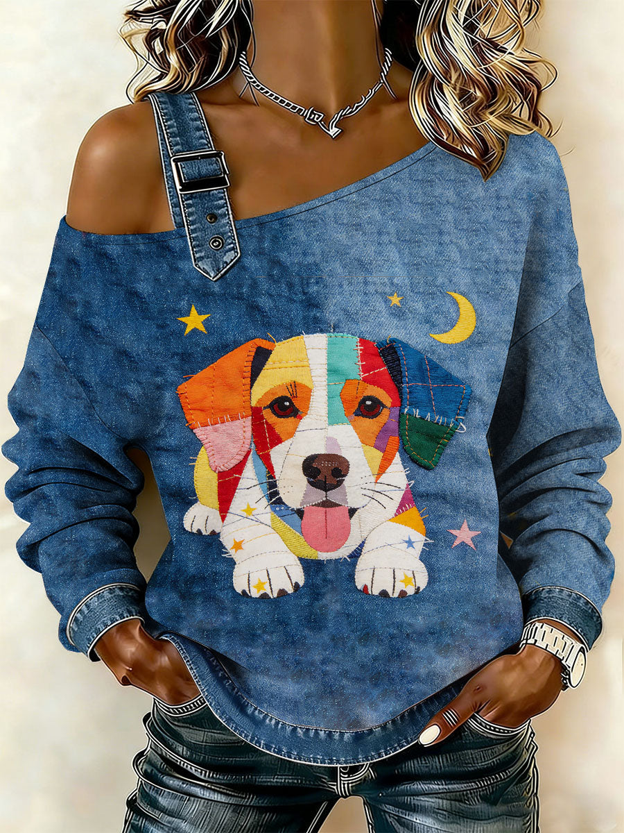 Patchwork do cão Vintage impressão Casual Off-ombro moletom feminino