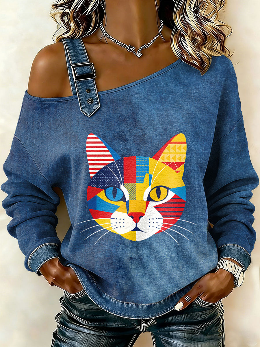 Gato Vintage Patchwork impressão Casual Off-ombro moletom feminino