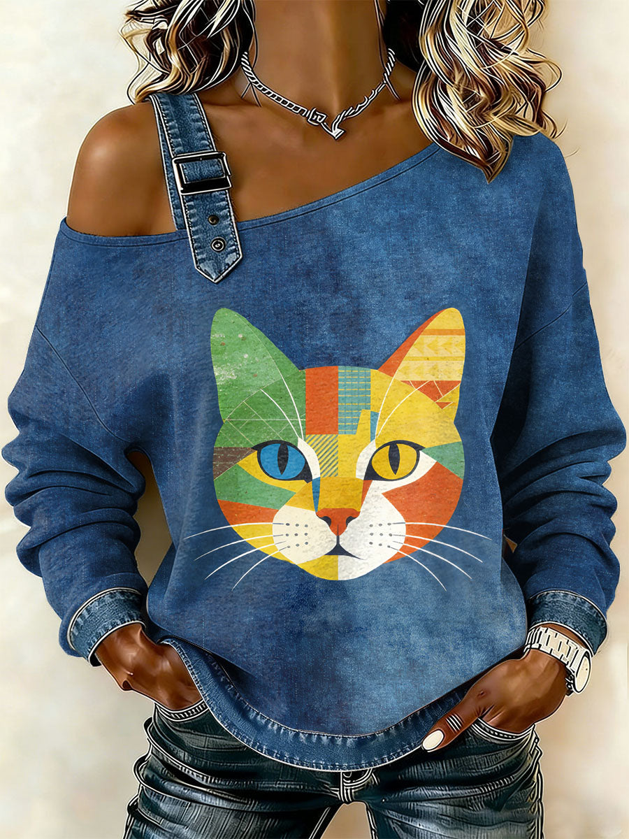 Gato Vintage Patchwork impressão Casual Off-ombro moletom feminino