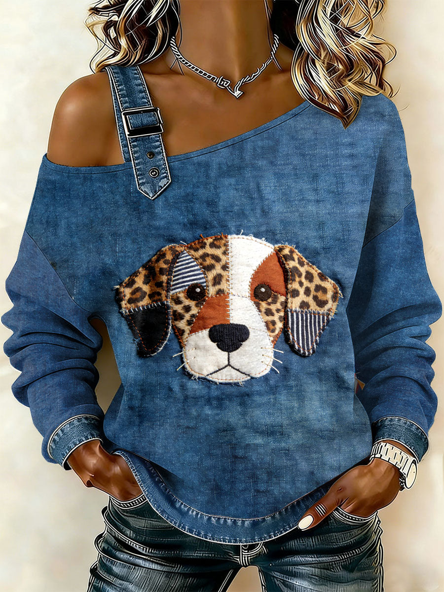 Patchwork do cão Vintage impressão Casual Off-ombro moletom feminino