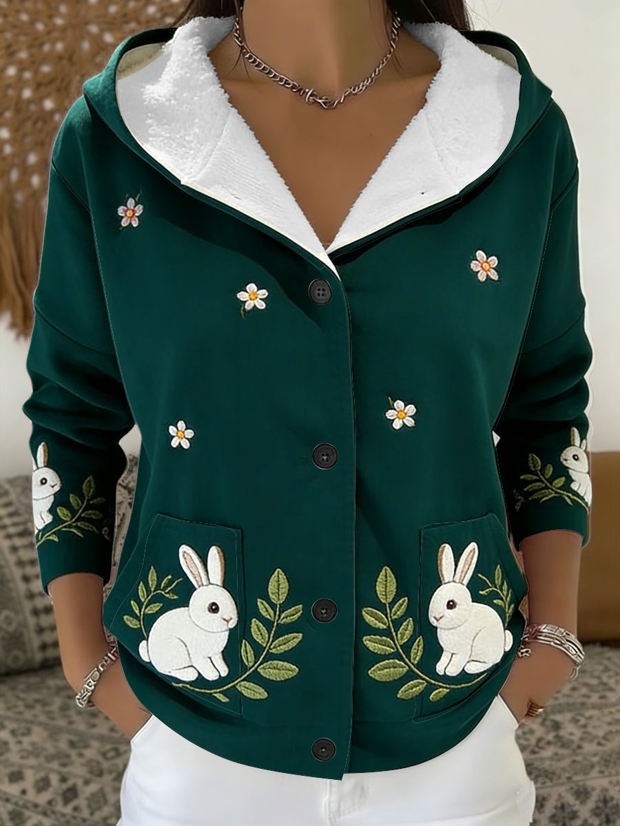 Adorável coelho verde escuro do mulheres & Margarida bordado Sherpa-forrado jaqueta