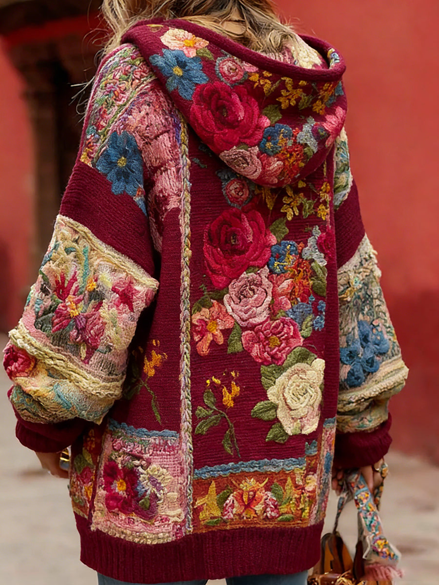 Estilo Vintage consciência de câncer de mama feminino temático padrão Floral Button-Up confortável com capuz Cardigan Sweater