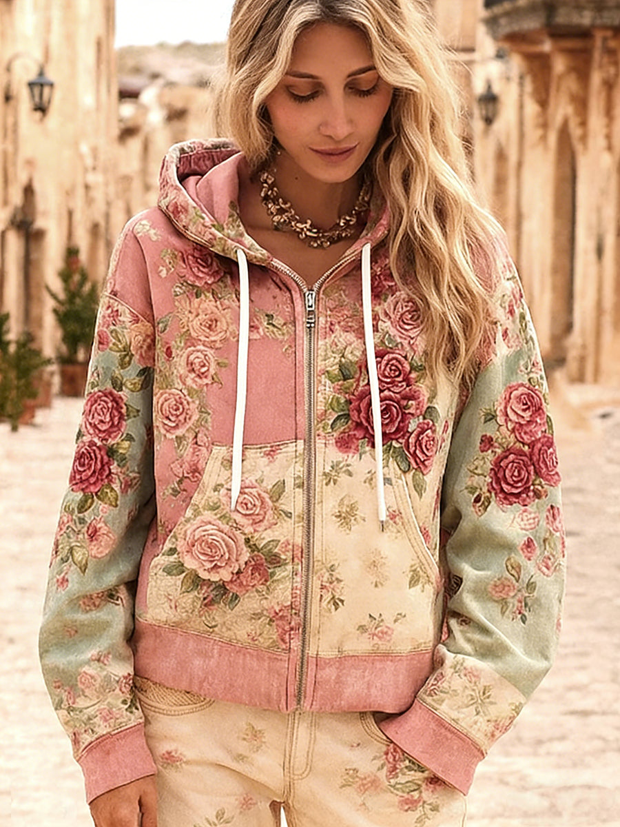 Consciência câncer de mama feminino Floral Patchwork Zip-Up Hoodie