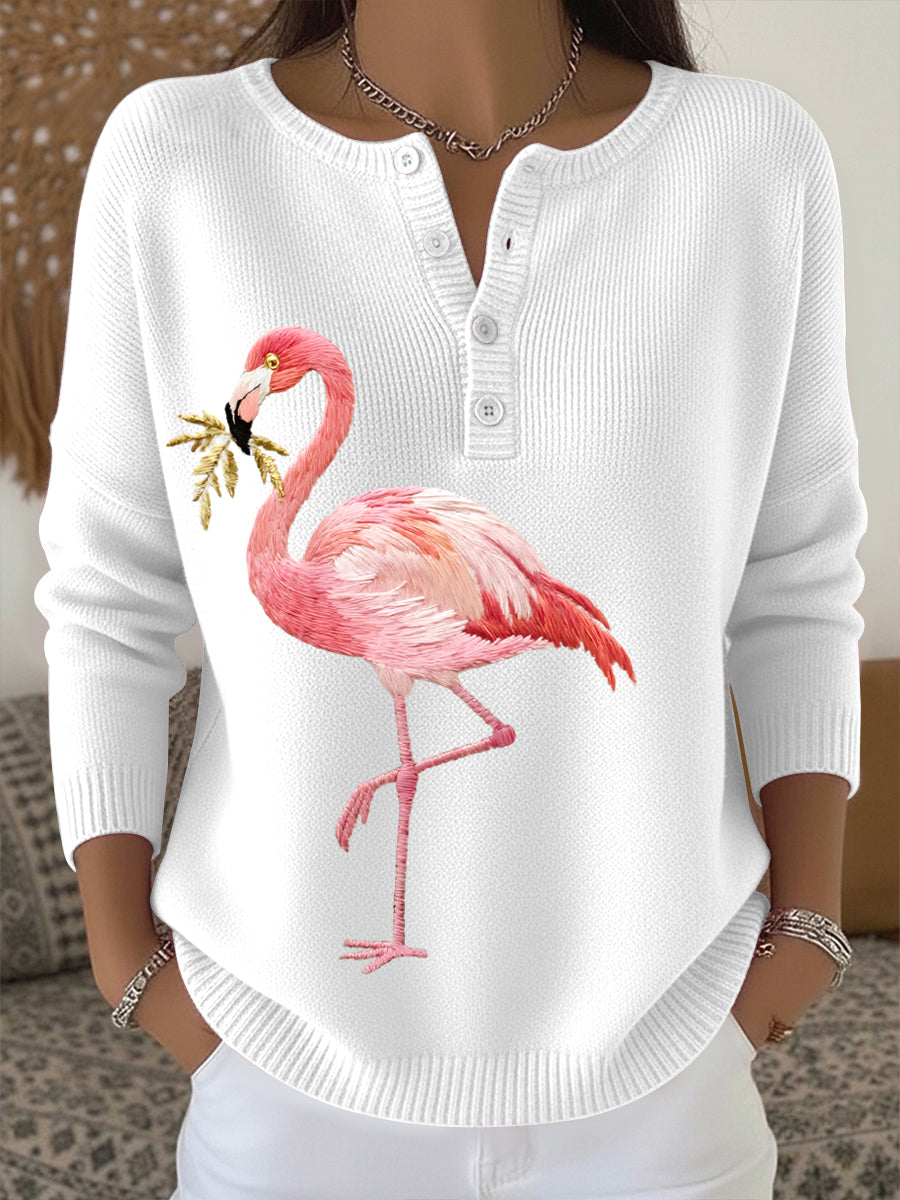 Flamingo bordado padrão camisola de malha aconchegante feminino