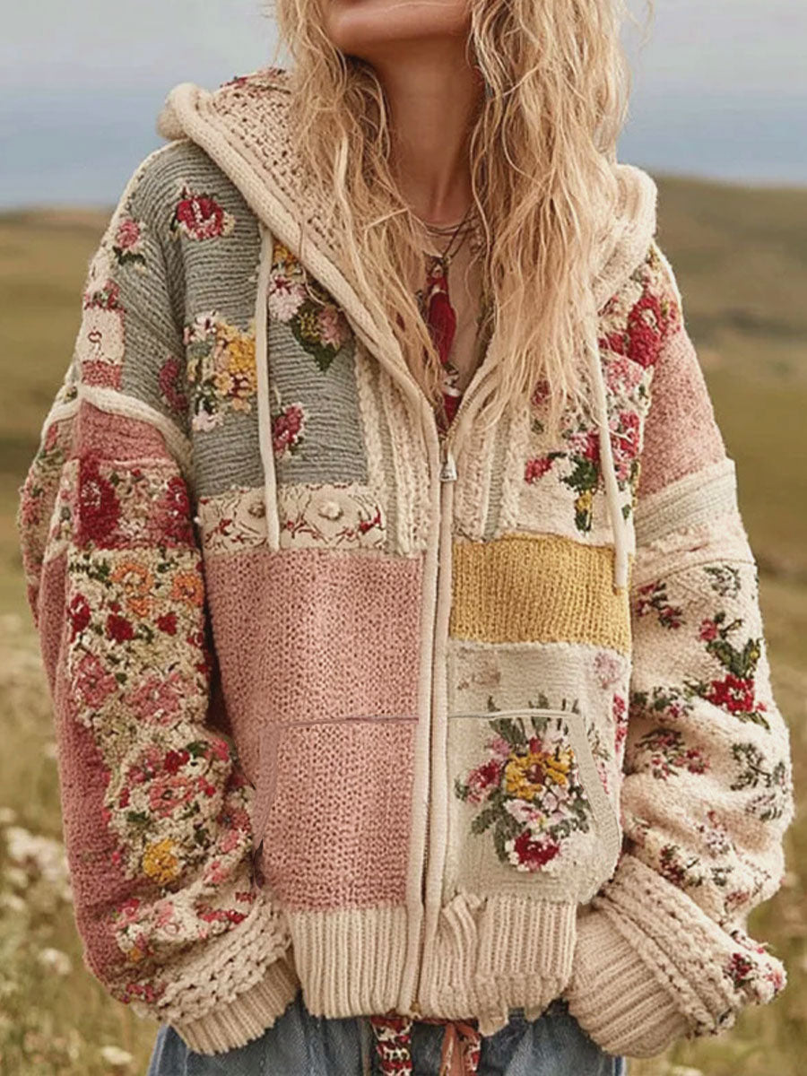 Casaco de Zip-Up Casual estampado floral rosa feminino