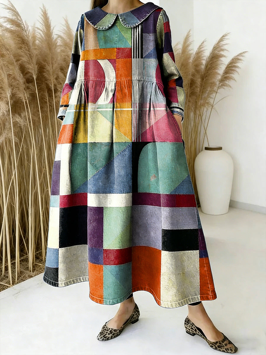 Patchwork artístico imprimir vestido de colarado manga comprida das mulheres