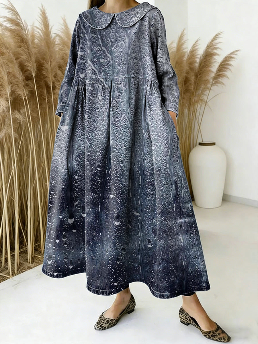 Dia chuvoso arte impressão vestido de mangas compridas de colarinho feminino