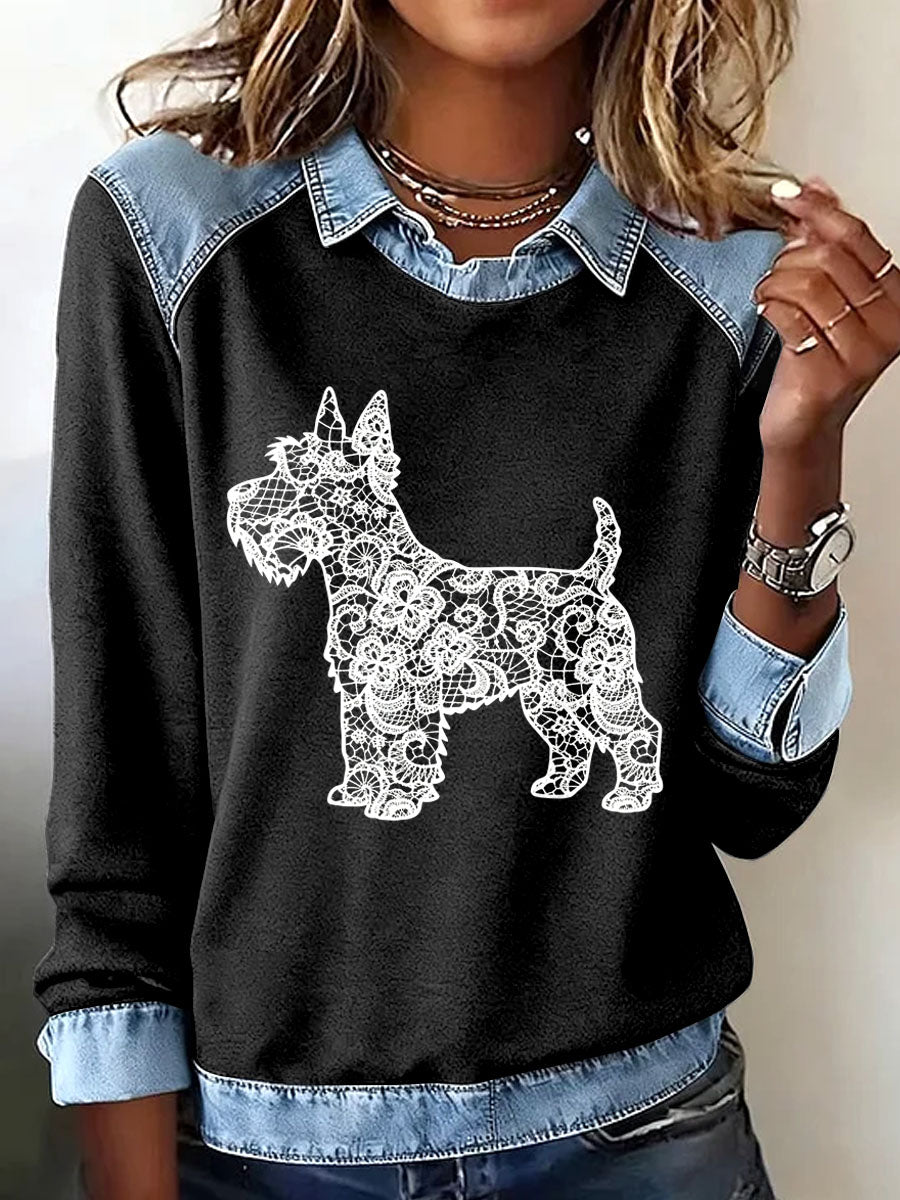 Cachorrinho de textura do laço Vintage feminino imprimir moletom Casual