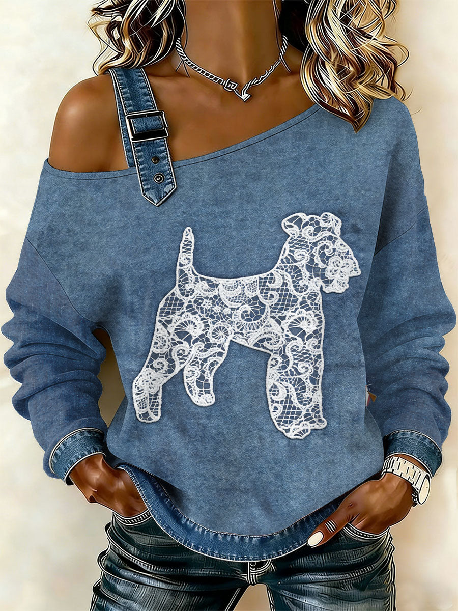 Cão textura do laço Vintage feminino imprimir camisola Off-ombro Casual