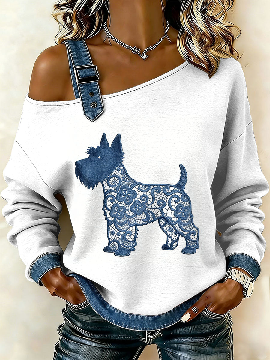 Cão textura do laço Vintage feminino imprimir camisola Off-ombro Casual