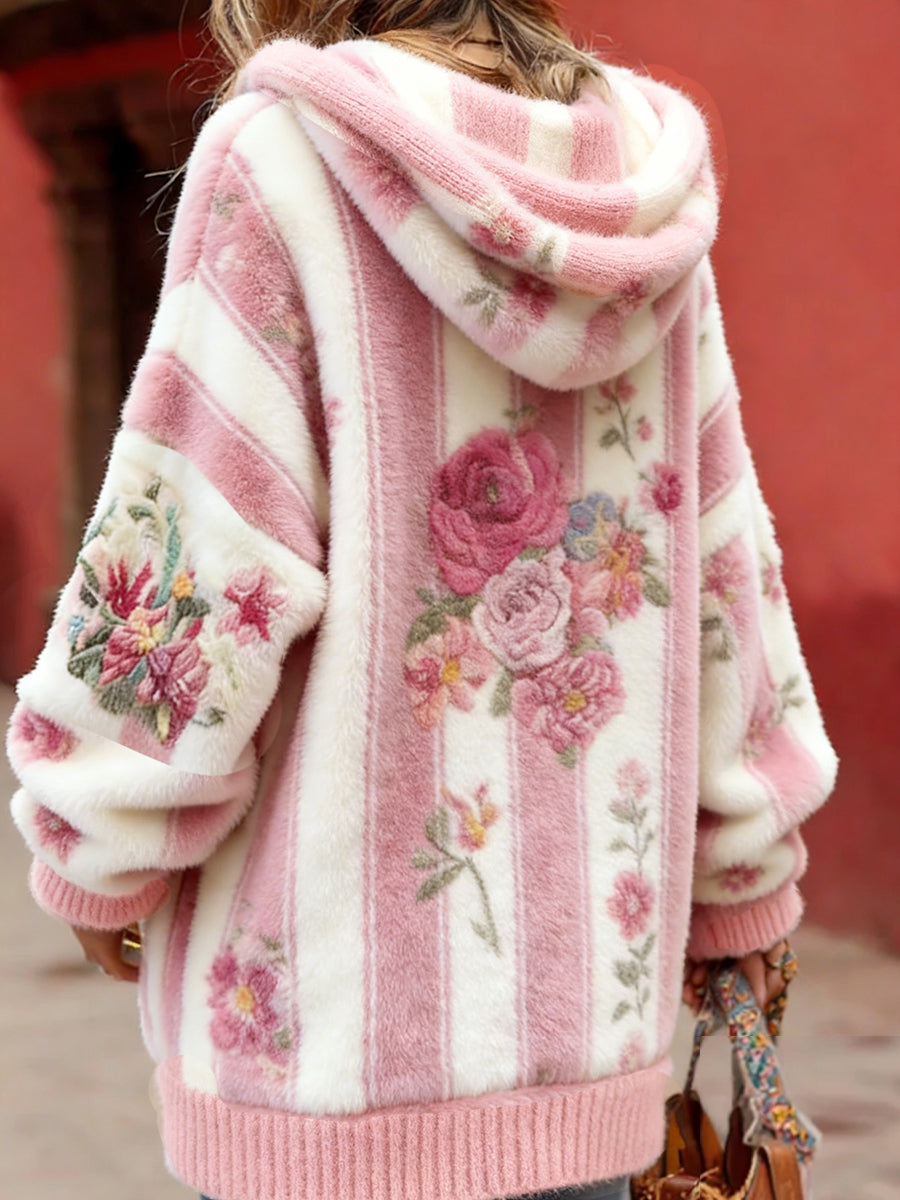 Estilo Vintage consciência de câncer de mama feminino temático padrão Floral Button-Up confortável com capuz Cardigan Sweater