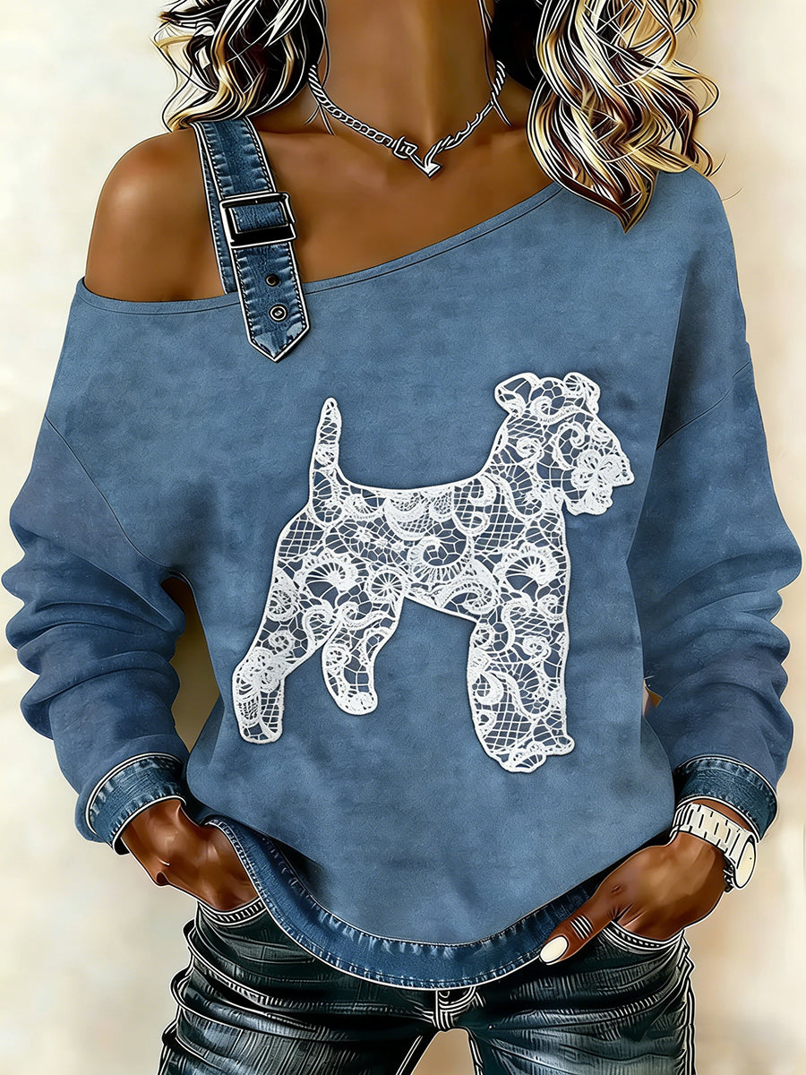 Cão textura do laço Vintage feminino imprimir camisola Off-ombro Casual