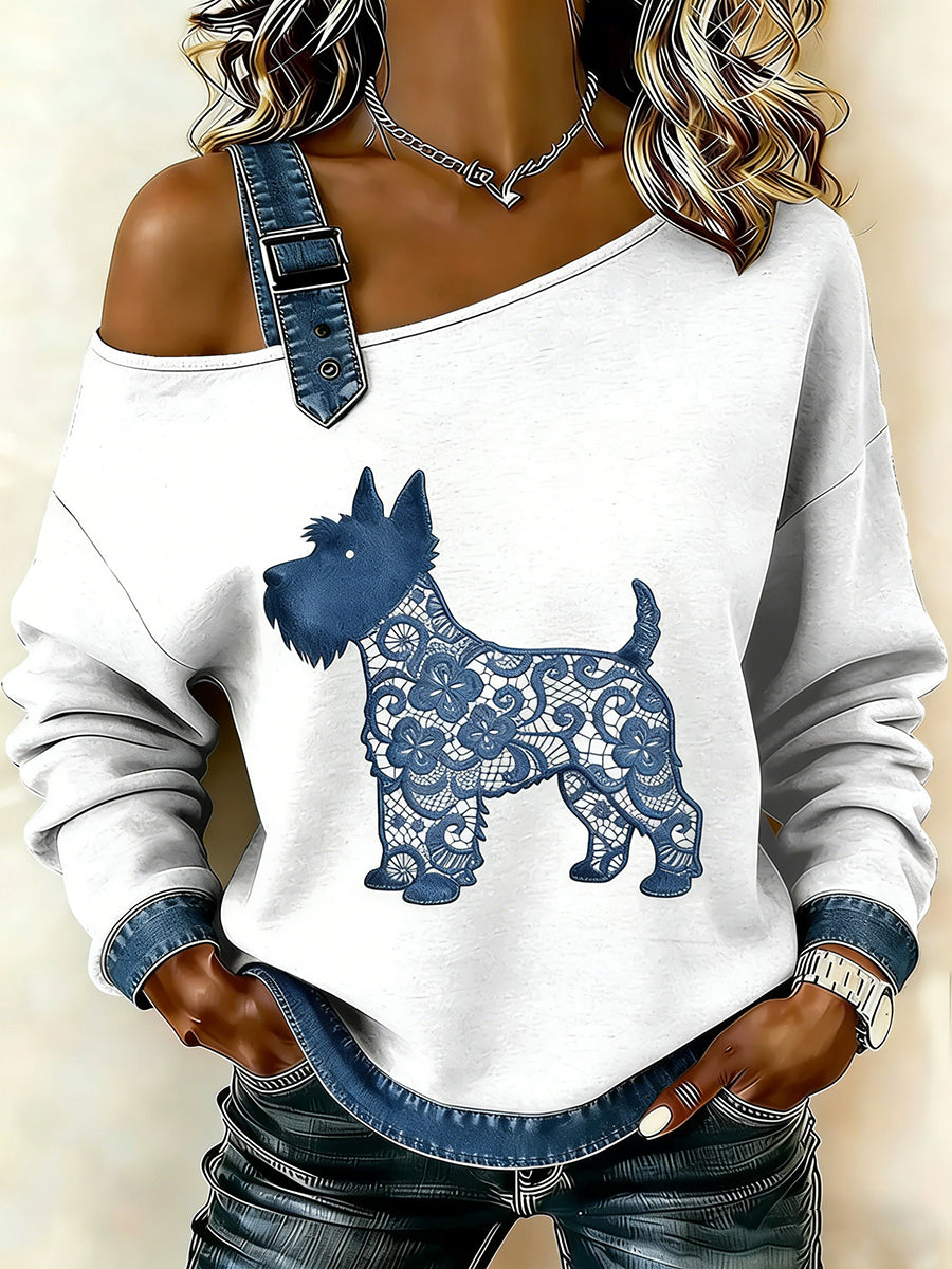 Cão textura do laço Vintage feminino imprimir camisola Off-ombro Casual