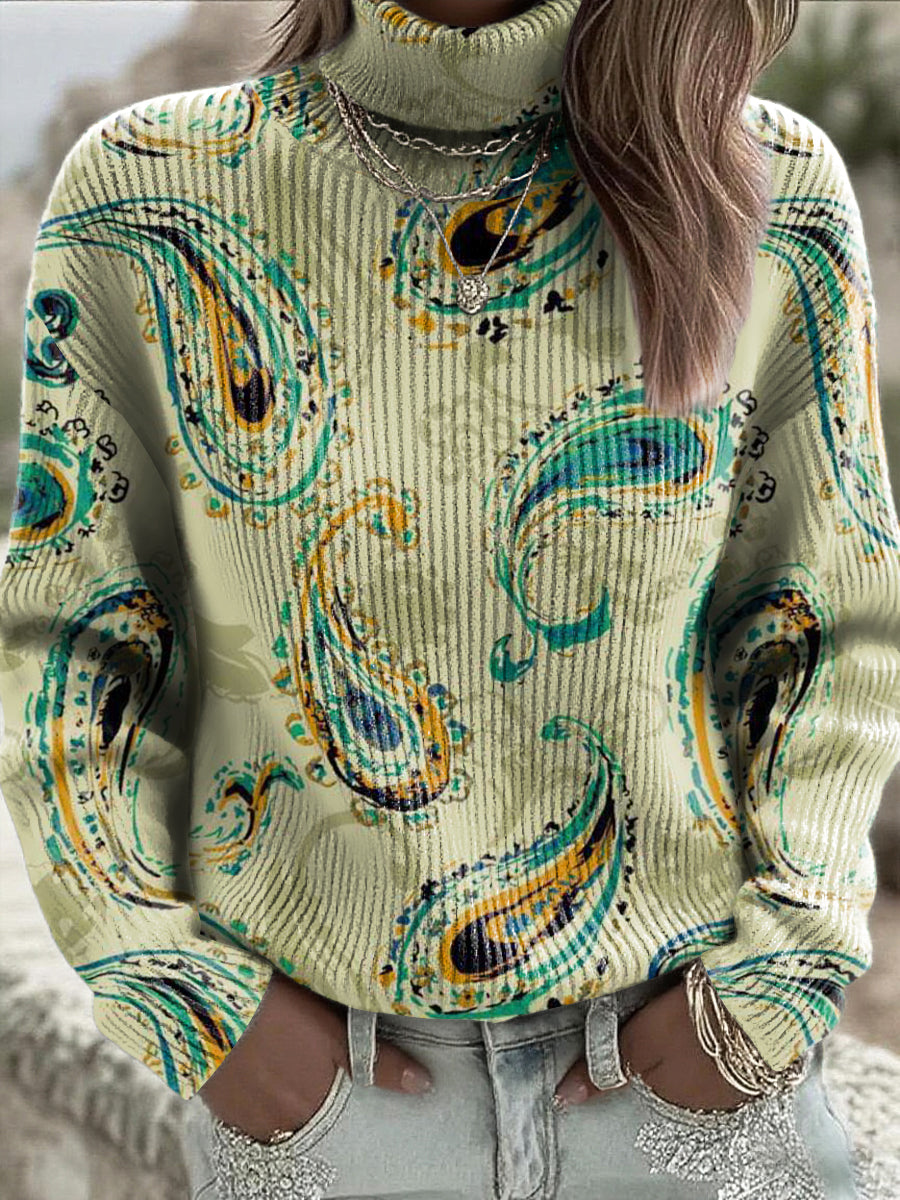 Pena de pavão Paisley imprimir camisola verde gola alta feminino