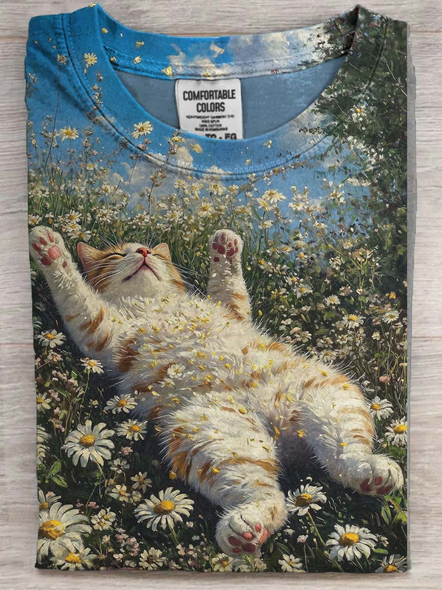Campo De Flor Engraçado Deitado Gato Imprimir Casual Camiseta De Manga Curta