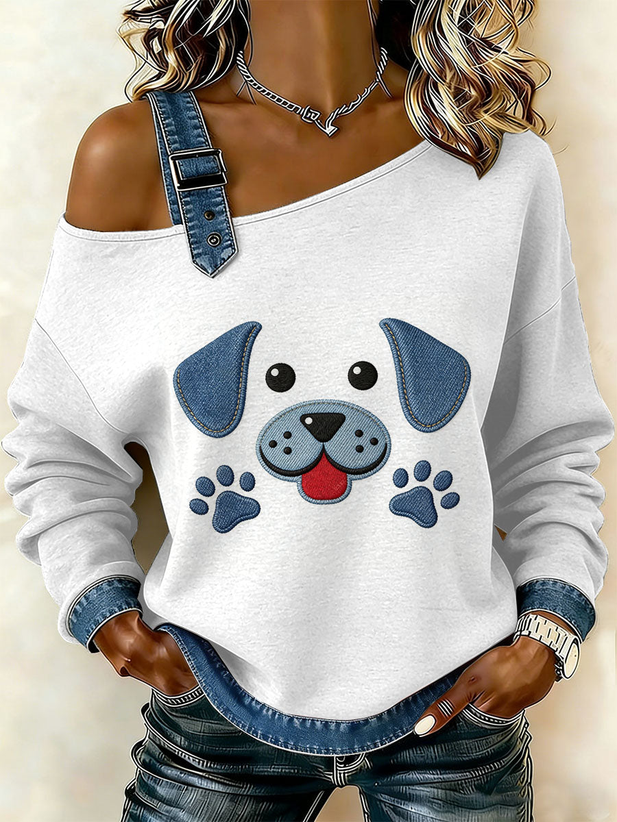 Cão Vintage Patchwork impressão Casual Off-ombro moletom feminino