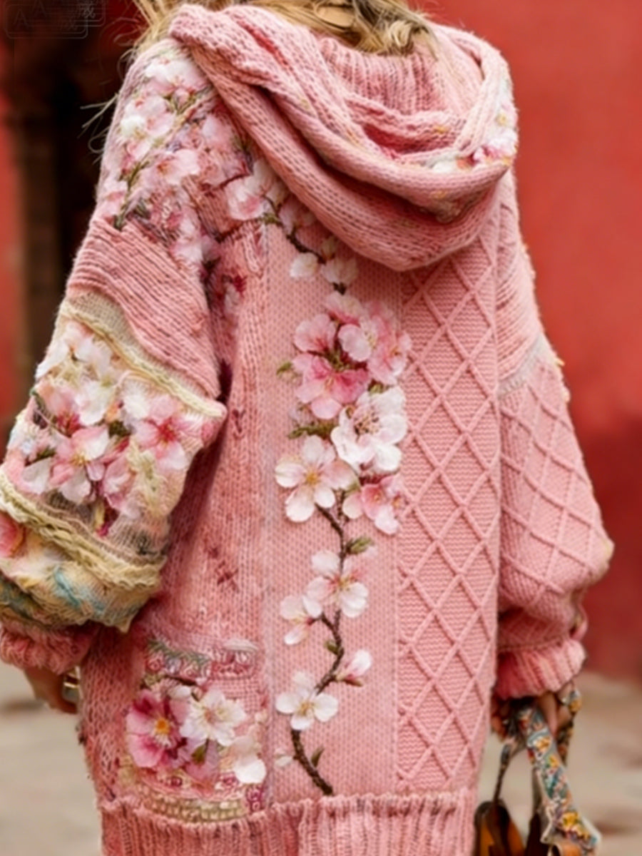 Consciência do câncer de mama feminino Floral botão Cardigan camisola com capuz
