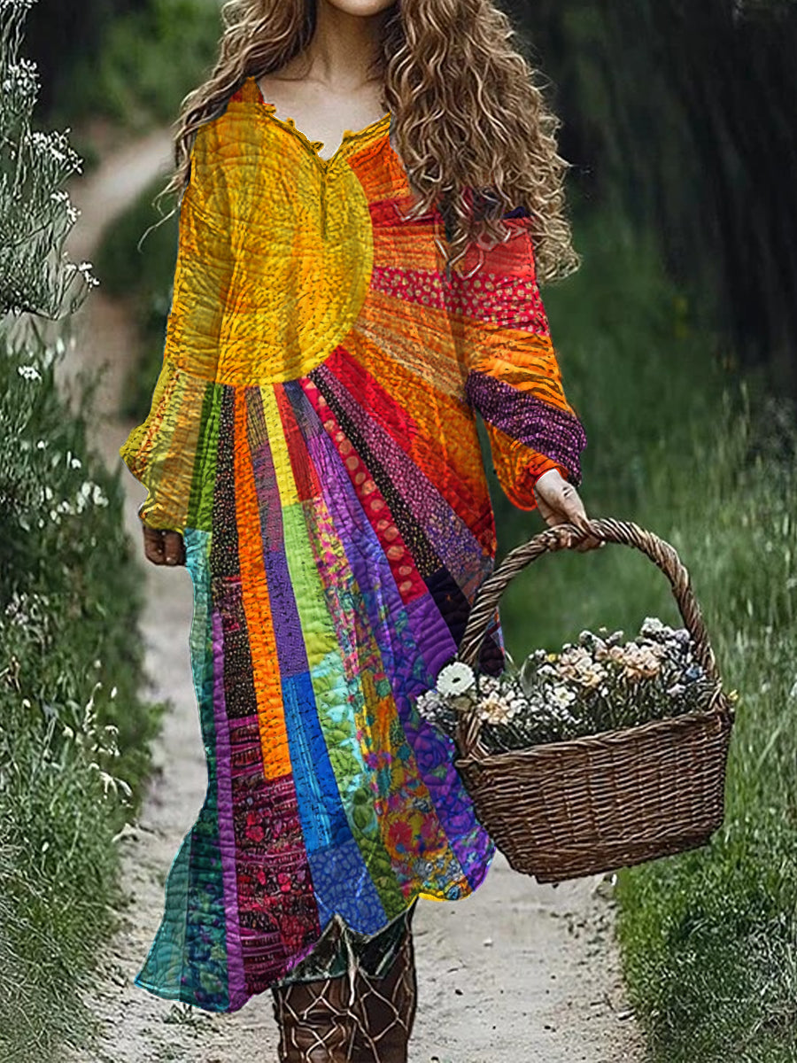 Vintage Floral Art Imprimir V-Neck Elegante Chic Loose Long Sleeve Midi Dress