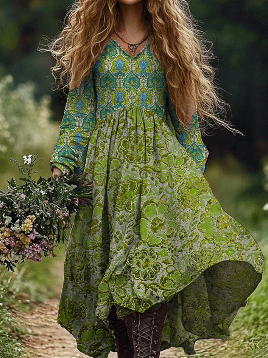 Retro Boho Floral Art Imprimir Vintage Chic V-Neck Long Sleeve Midi Dress