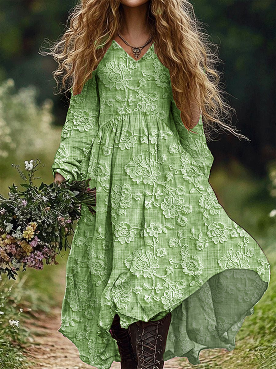 Retro Floral Art Imprimir V-Neck Elegante Chic Loose Long Sleeve Midi Dress