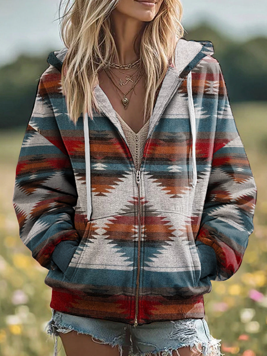 Vintage padrão asteca ocidental Zip-Up Hoodie do mulheres