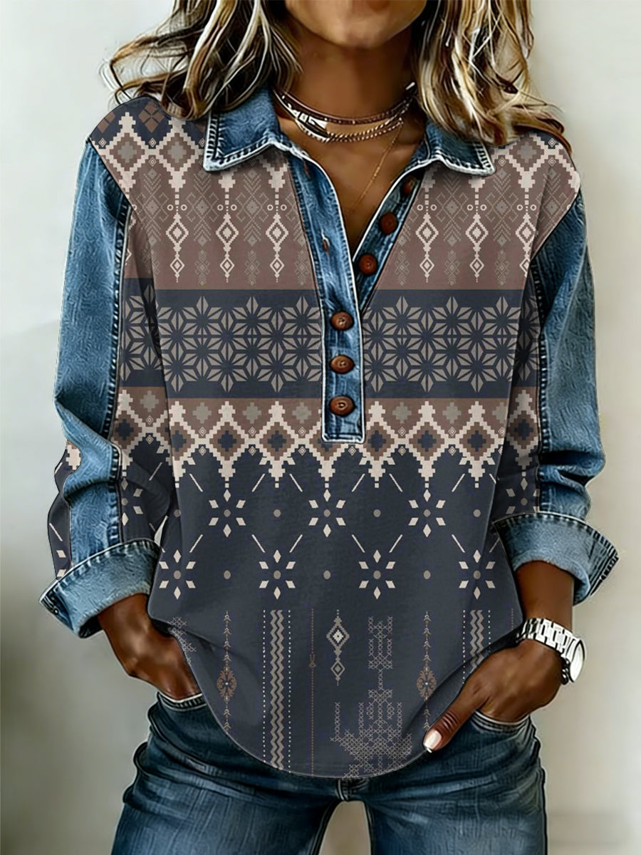 Vintage padrão ocidental Patchwork arte moletom do mulheres