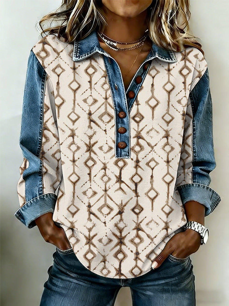 Vintage padrão ocidental Patchwork arte moletom do mulheres