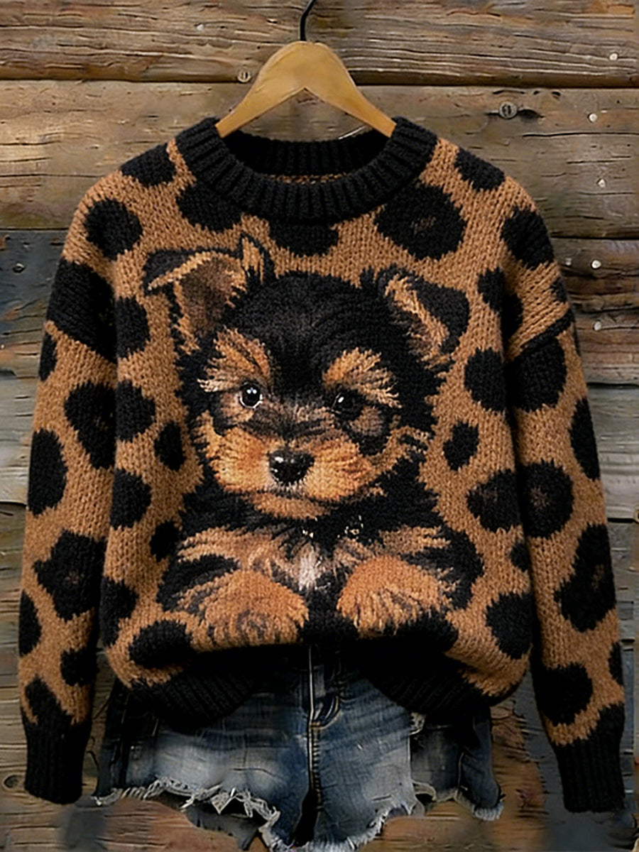 Retro filhote bonito padrão feminino redondo pescoço camisola