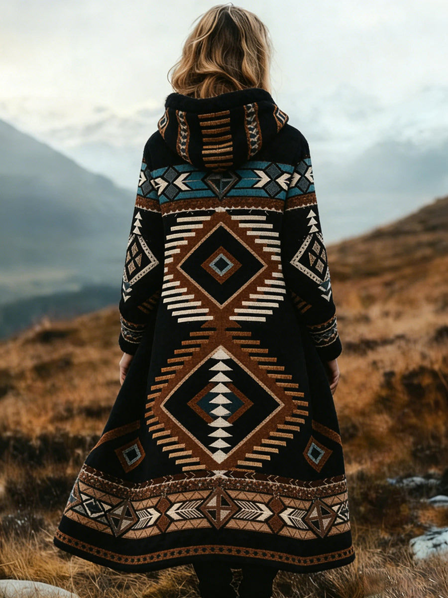 Vintage asteca padrão confortável casaco longo espessado do mulheres