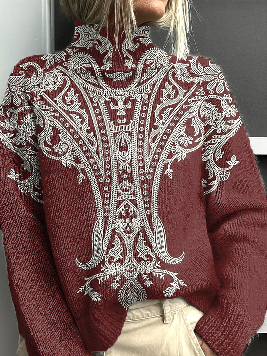 Camisola de gola alta Vintage Paisley vermelho feminino