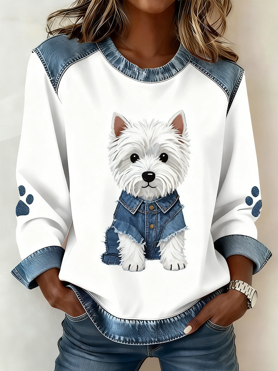 Vintage Denim Patchwork Top feminino com Animal Art Print, casual e confortável