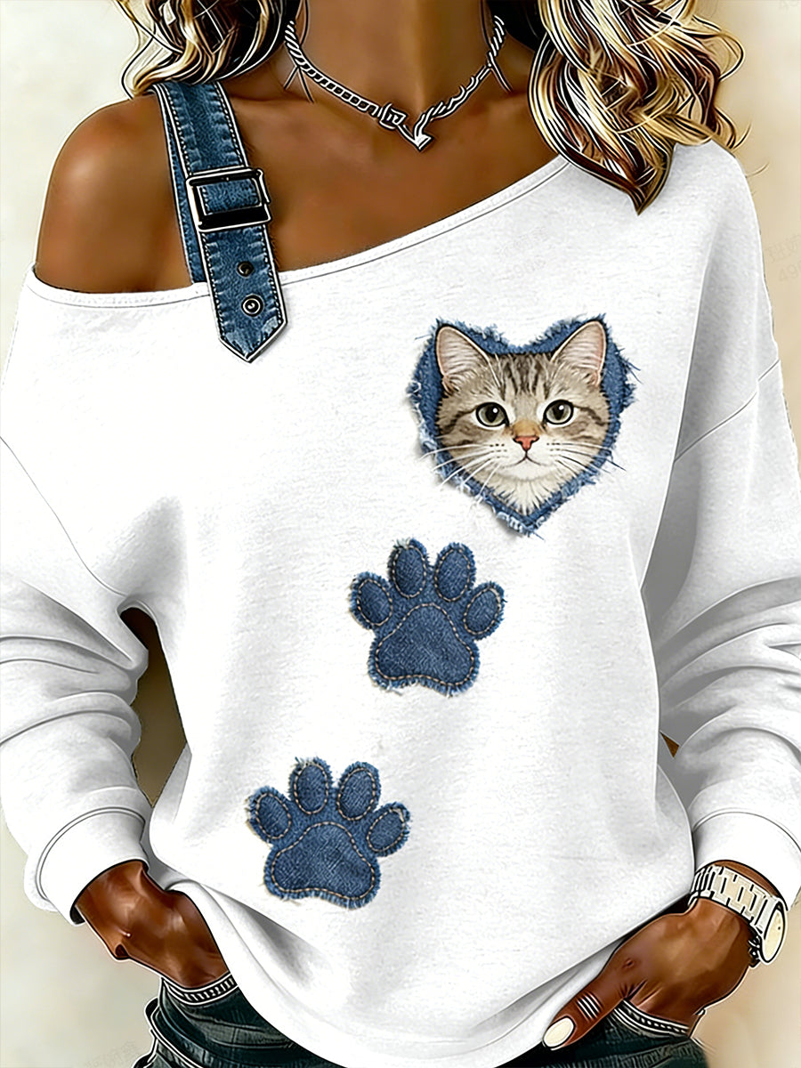 Animal bonito impressão Denim Patchwork Top confortável das mulheres