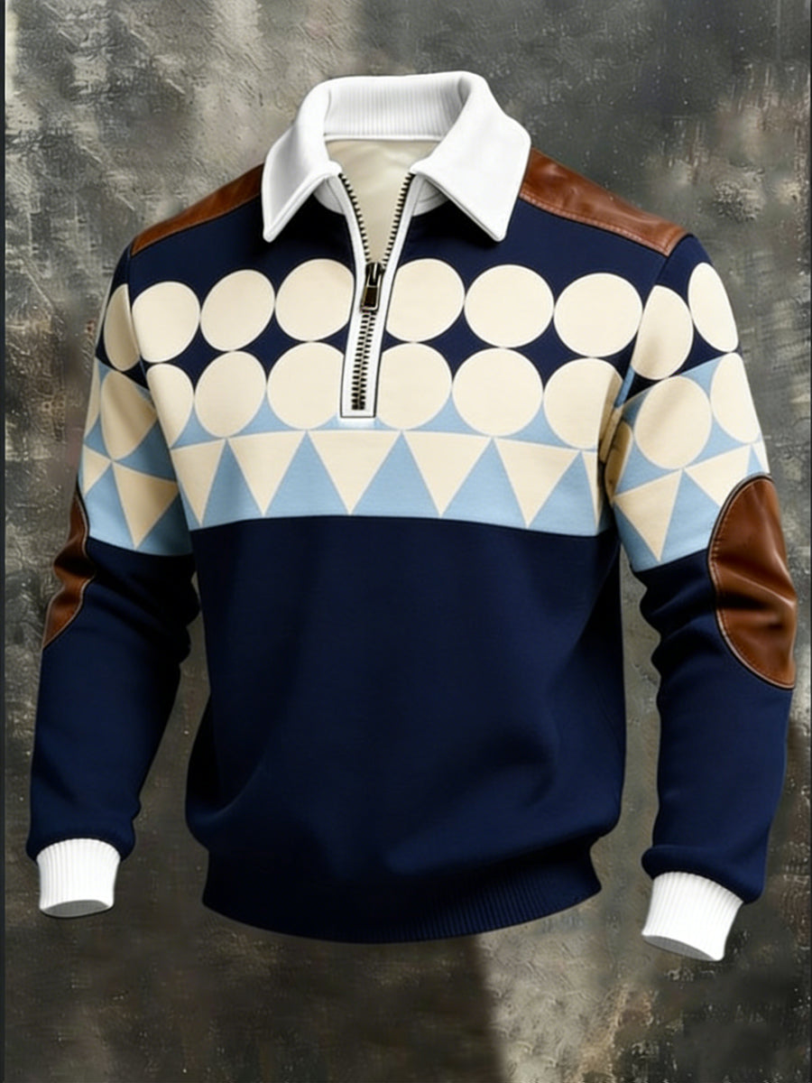 Fresh Navy Circle para homens-Couro geométrico-sotaque Quarter-Zip moletom