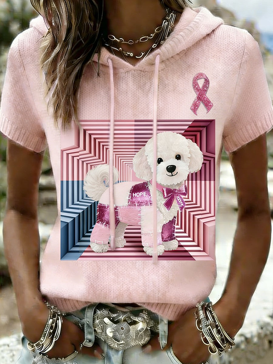 Consciência do cancro da mama do cão bonito retro T-shirt capuz Casual feminino