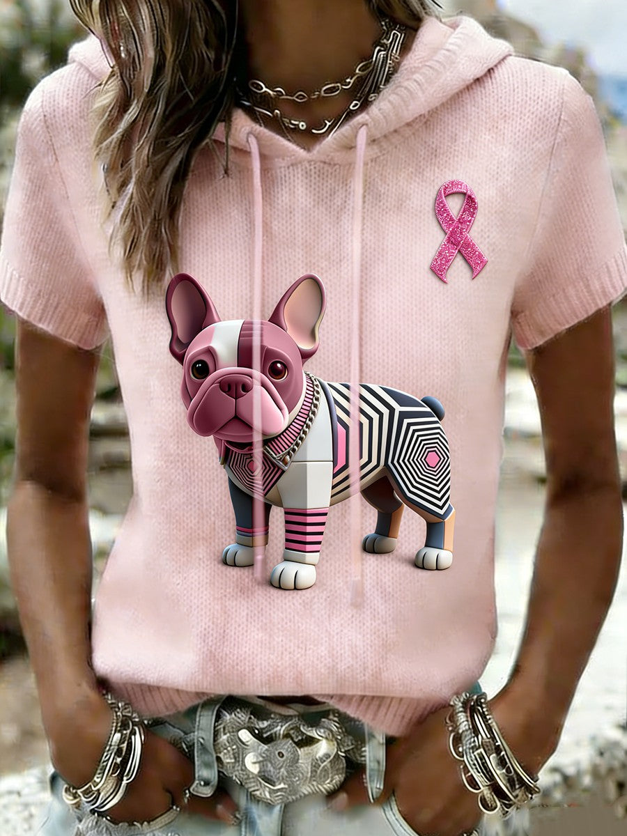 Consciência do câncer de mama Retro bonito Bulldog feminino Casual camiseta com capuz