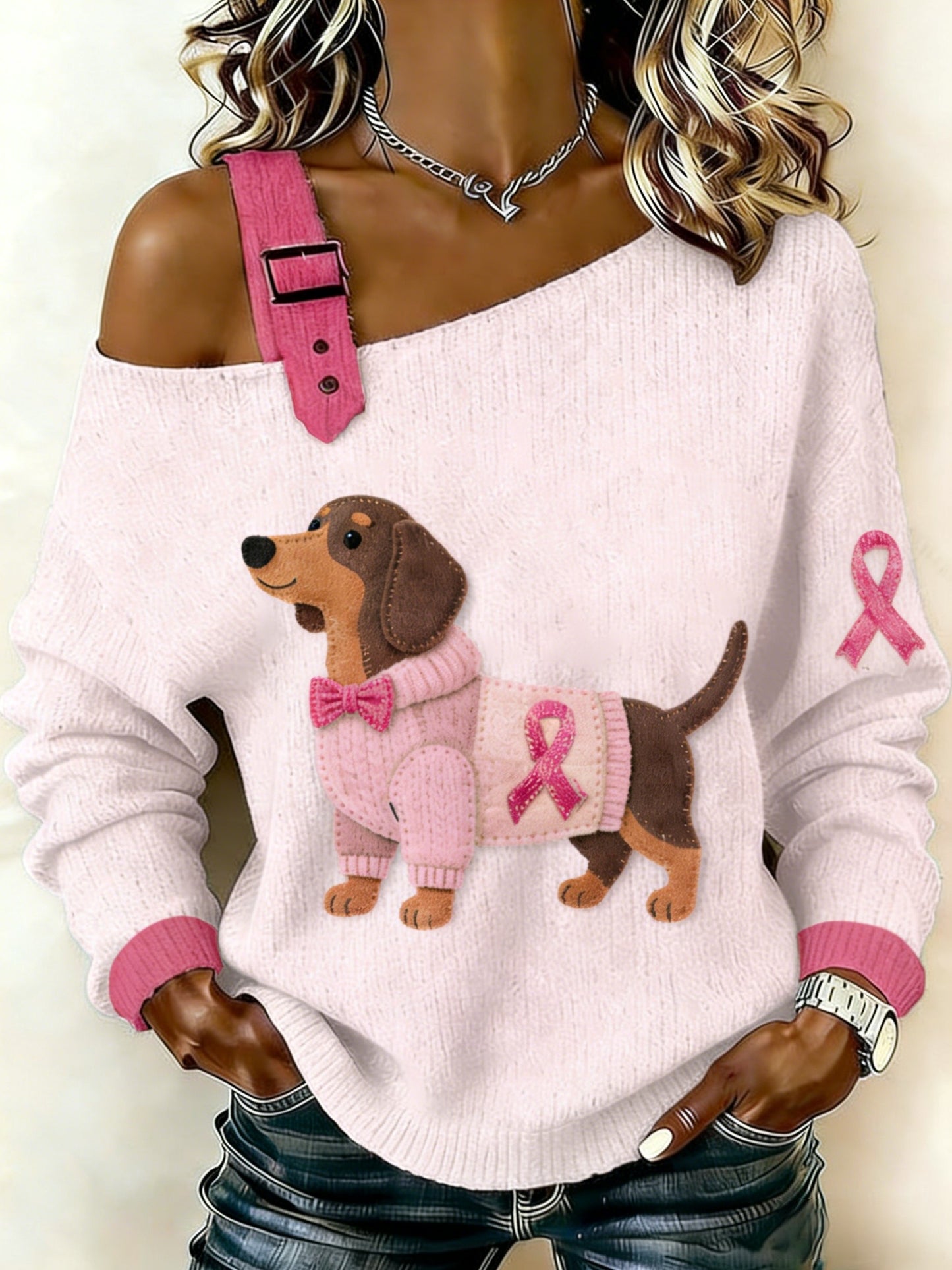 Retro Dachshund câncer de mama consciência feminino Casual Knit Top