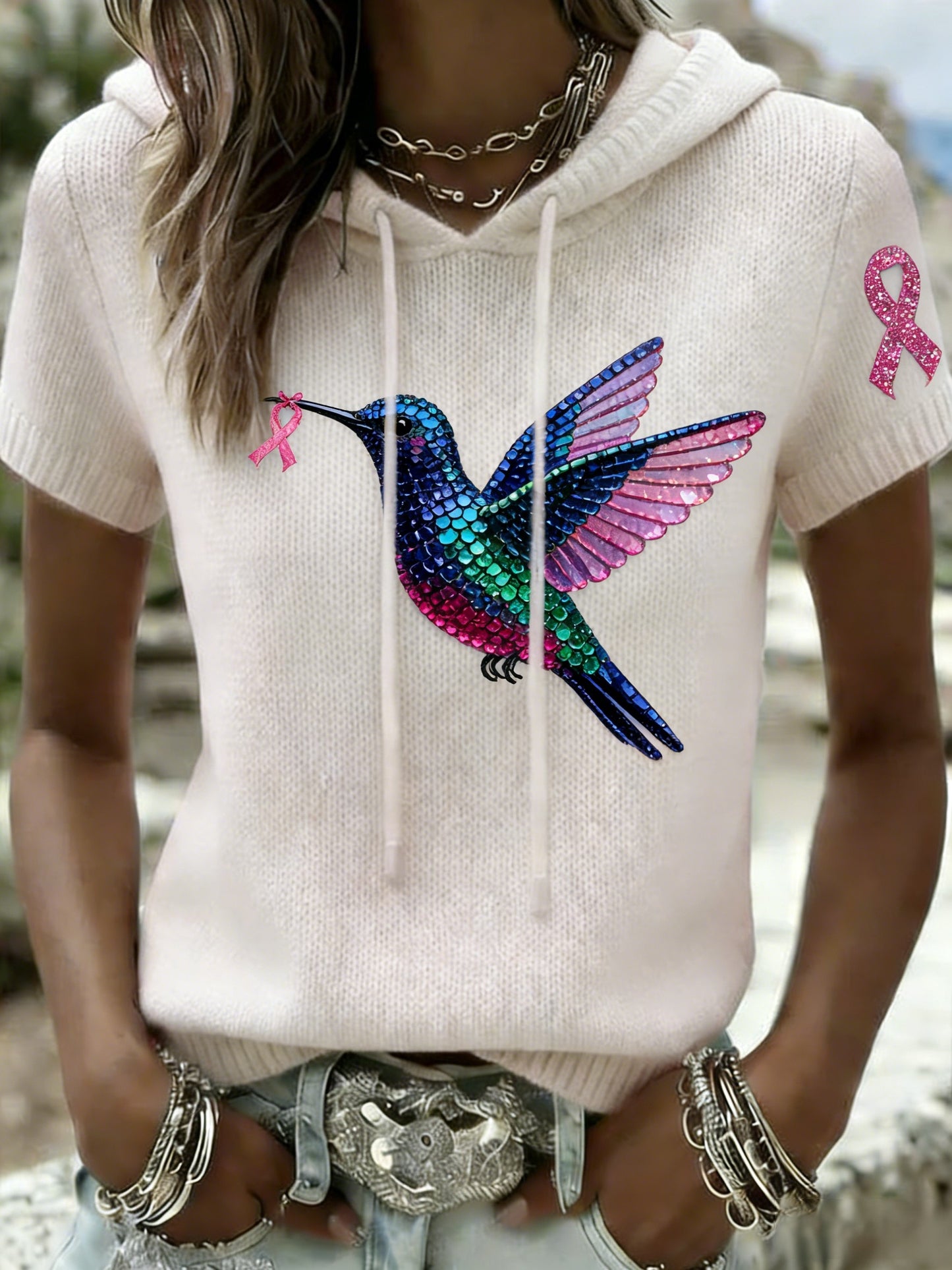 Retro pérola colibri mama câncer consciência Casual camiseta com capuz feminino