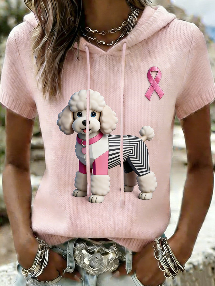 Consciência do cancro da mama do cão bonito retro T-shirt capuz Casual feminino