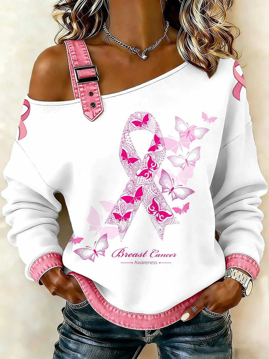 Câncer de mama feminino impresso um ombro Suspender Casual Sweater