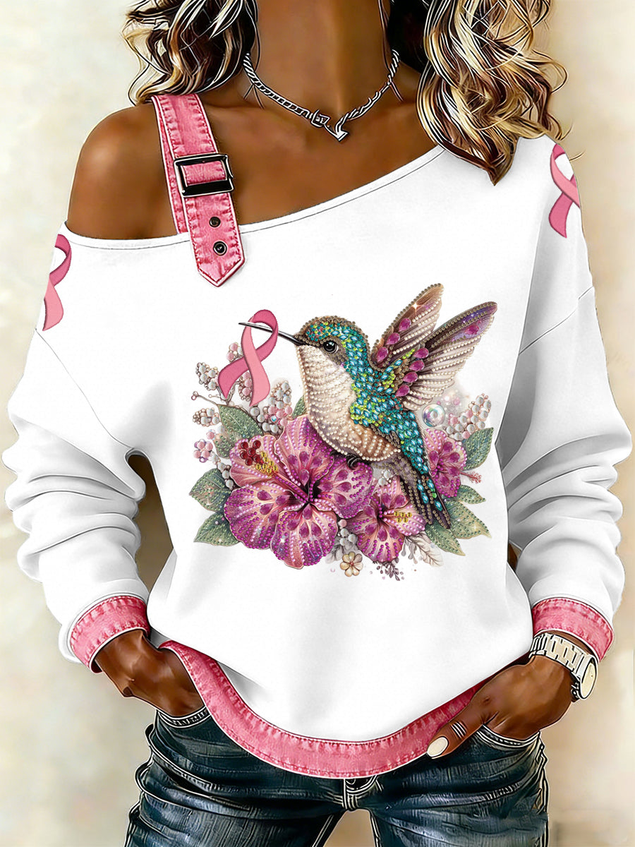 Câncer de mama feminino impresso um ombro Suspender Casual Sweater