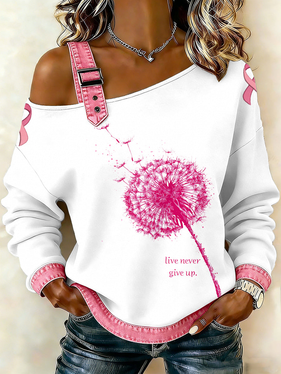 Câncer de mama feminino impresso um ombro Suspender Casual Sweater