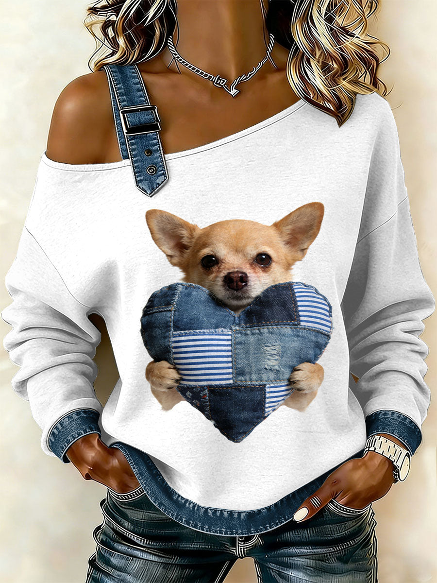 Cão Vintage Patchwork impressão Casual Off-ombro moletom feminino