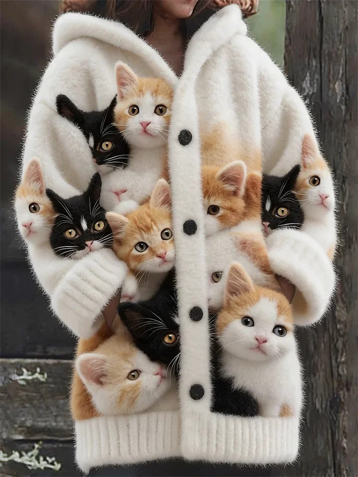 Animal gato das mulheres imprimir flanela casaco quente