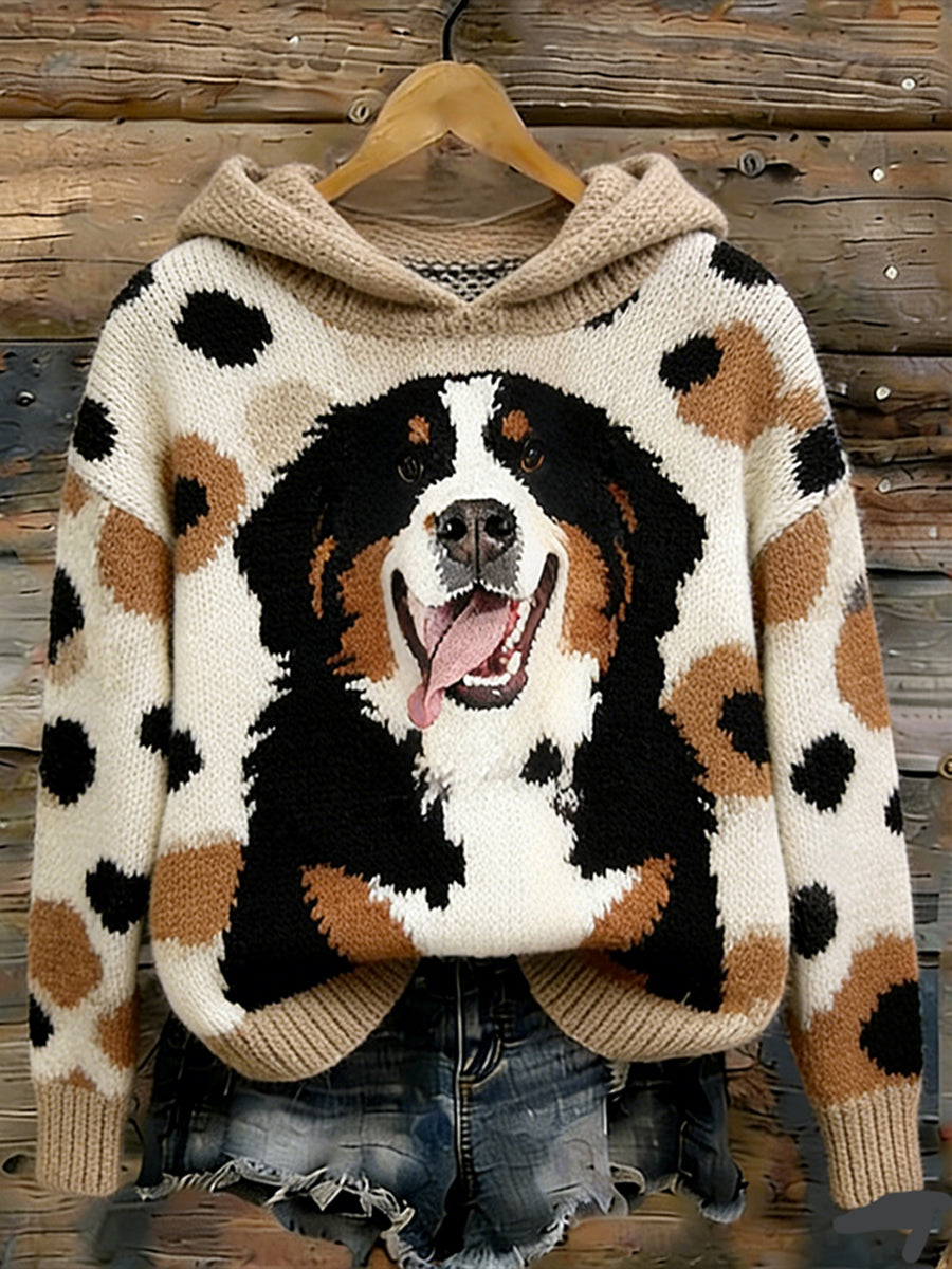 Camisola com capuz padrão retro bonito cachorro feminino