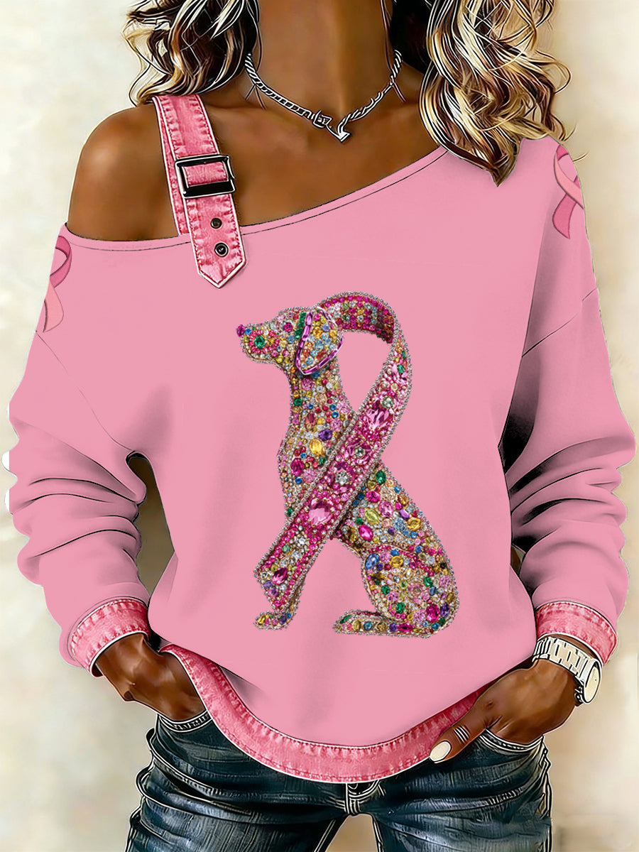 Cão de câncer de mama feminino impresso um ombro Suspender Casual Sweater