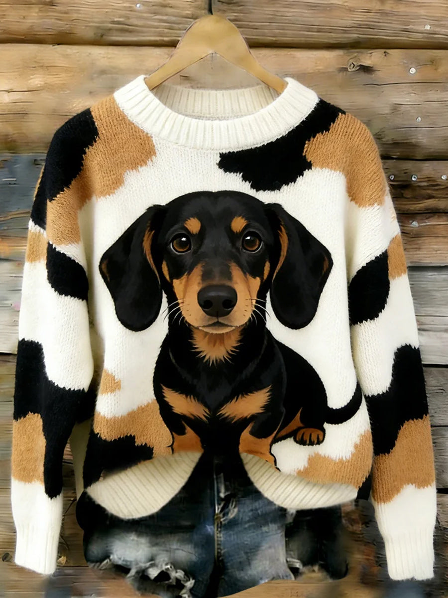 Camisola confortável de pernas curtas Dachshund de gola redonda feminino